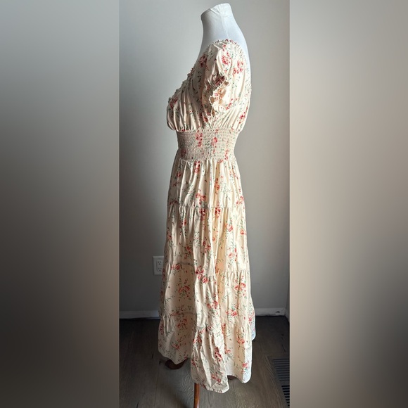 We Wore What Puff Sleeve Smocked Tiered Midi Dress In Dainty Floral Print Size M - Picture 3 of 13